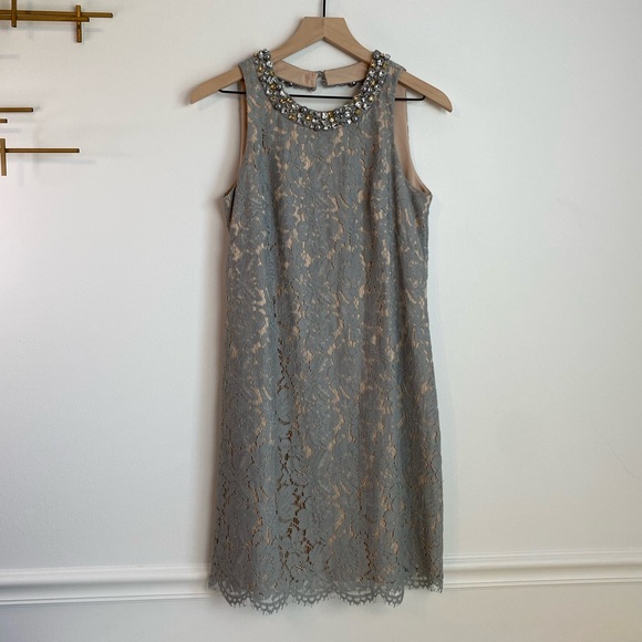 ELIZA J Grey Lace Dress With Jeweled Neckline | Size 6 | Wedding/Cocktail - Picture 2 of 15